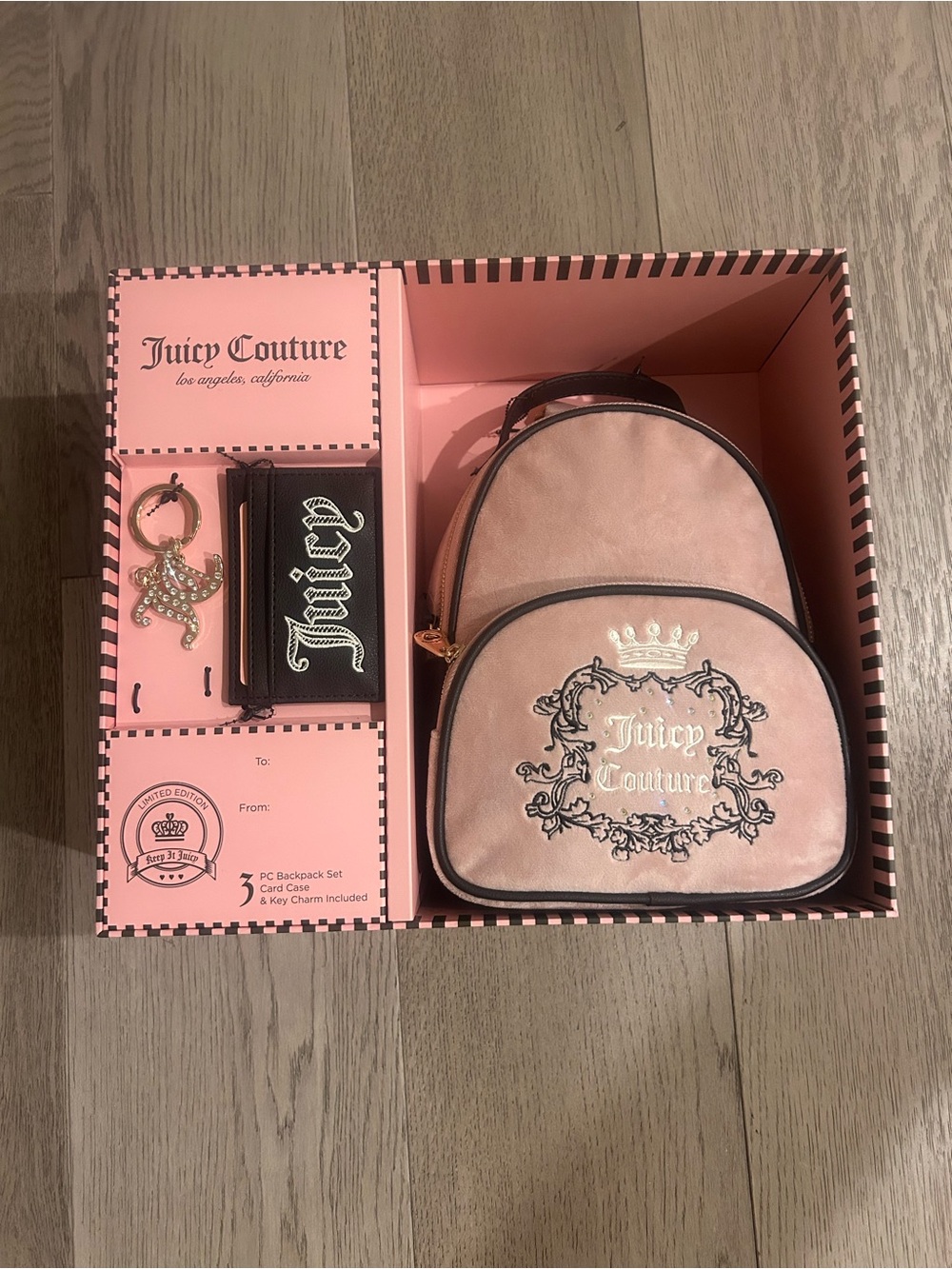 Juicy Couture Blush Pink Mini Backpack Set with Card Case & Key Charm
